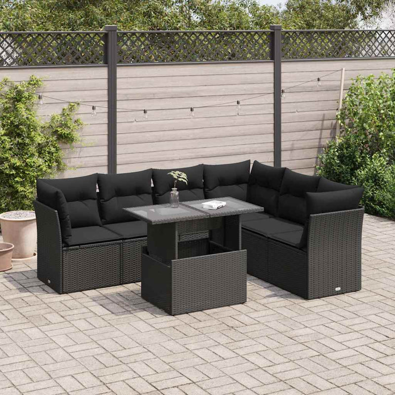 vidaXL 7 Piece Garden Sofa Set with Cushions Black Poly Rattan