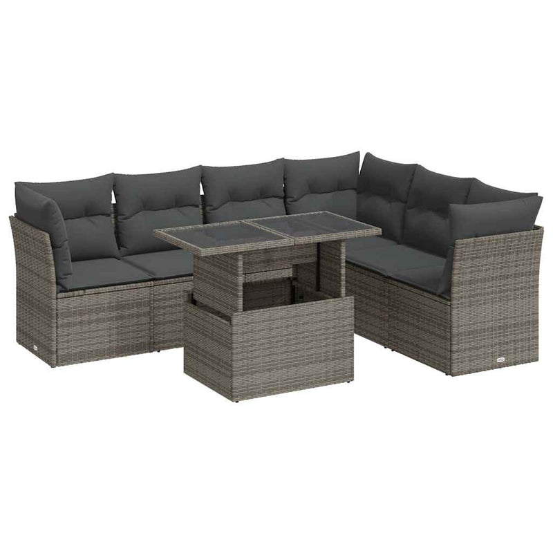 7 Piece Garden Sofa Set with Cushions Grey Poly Rattan