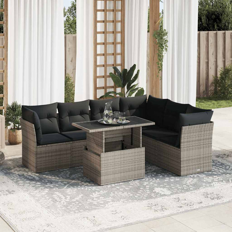 7 Piece Garden Sofa Set with Cushions Grey Poly Rattan