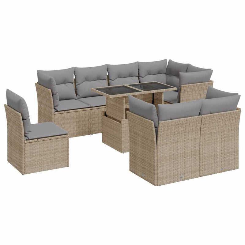 vidaXL 9 Piece Garden Sofa Set with Cushions Beige Poly Rattan