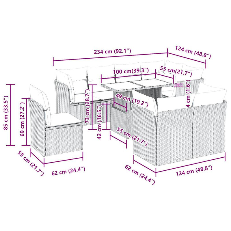 9 Piece Garden Sofa Set with Cushions Beige Poly Rattan