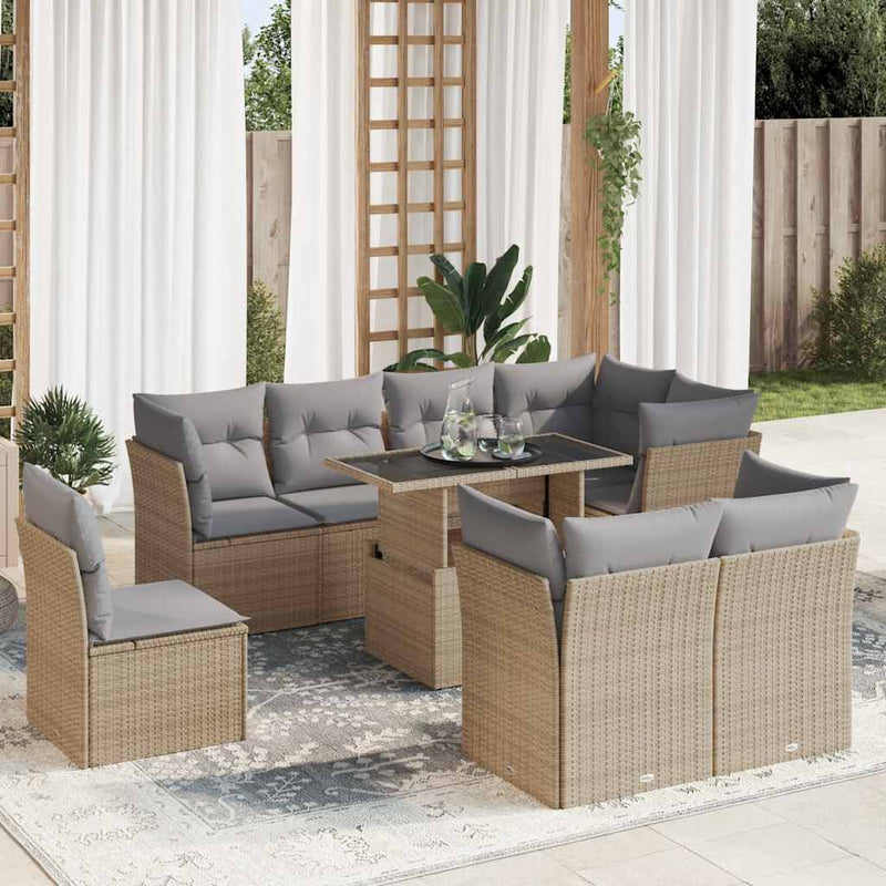 9 Piece Garden Sofa Set with Cushions Beige Poly Rattan