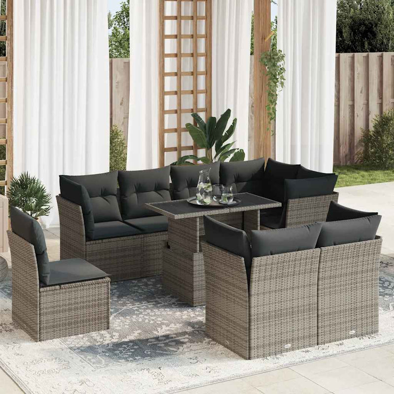 9 Piece Garden Sofa Set with Cushions Grey Poly Rattan