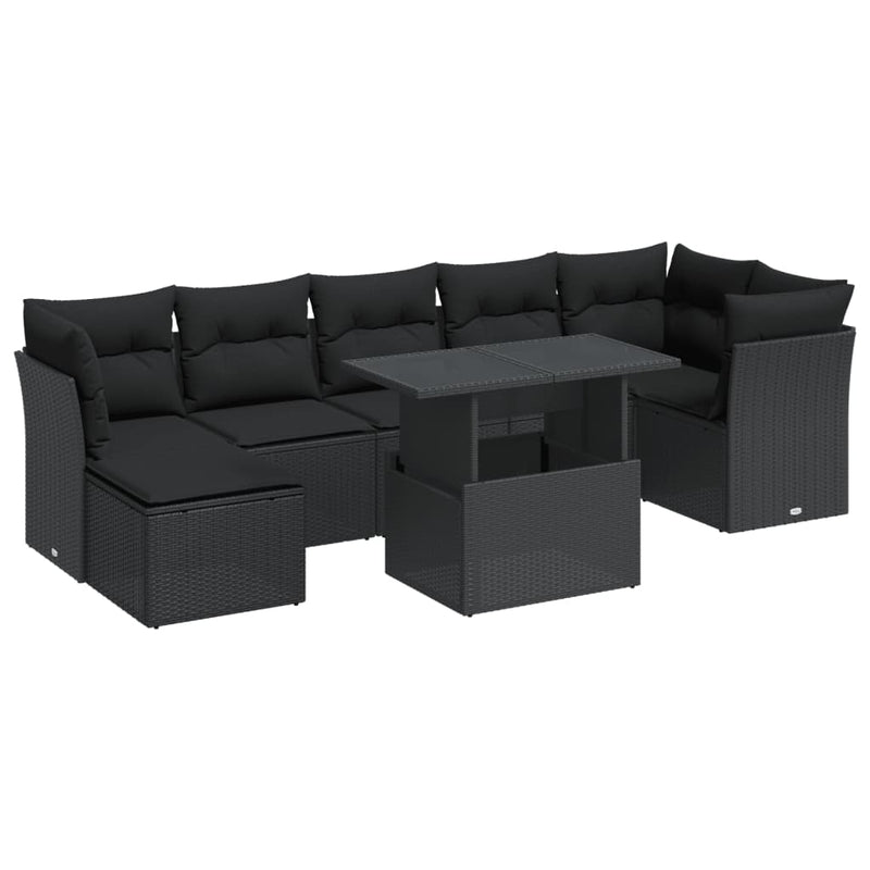 8 Piece Garden Sofa Set with Cushions Black Poly Rattan