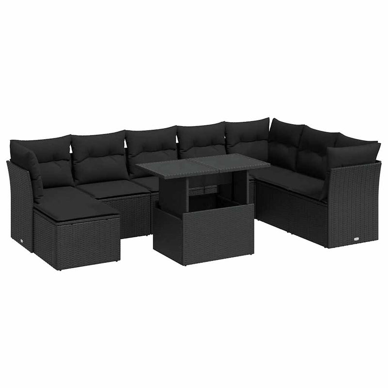 9 Piece Garden Sofa Set with Cushions Black Poly Rattan