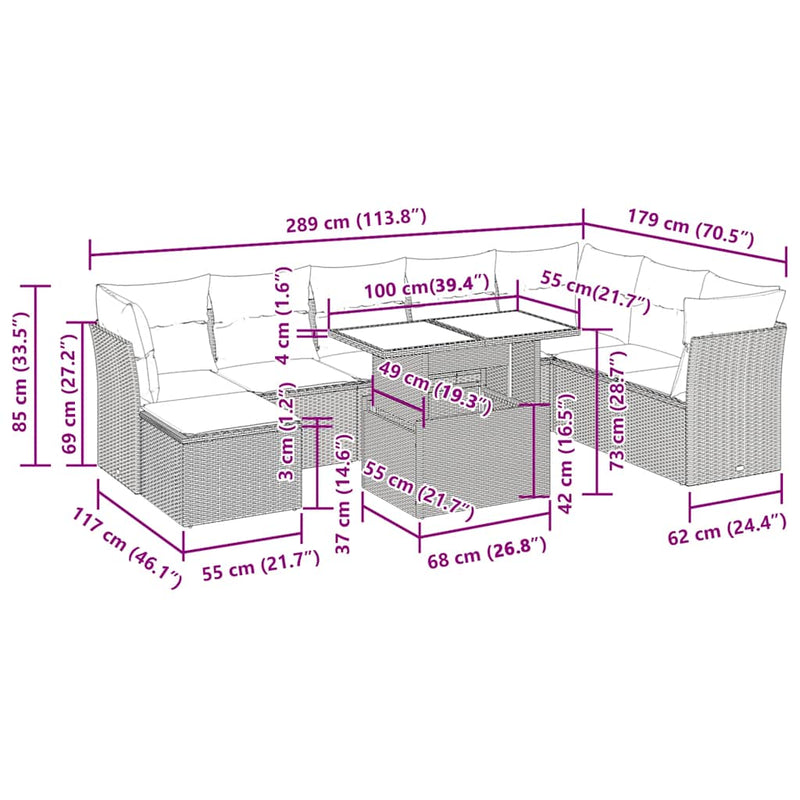 vidaXL 9 Piece Garden Sofa Set with Cushions Grey Poly Rattan