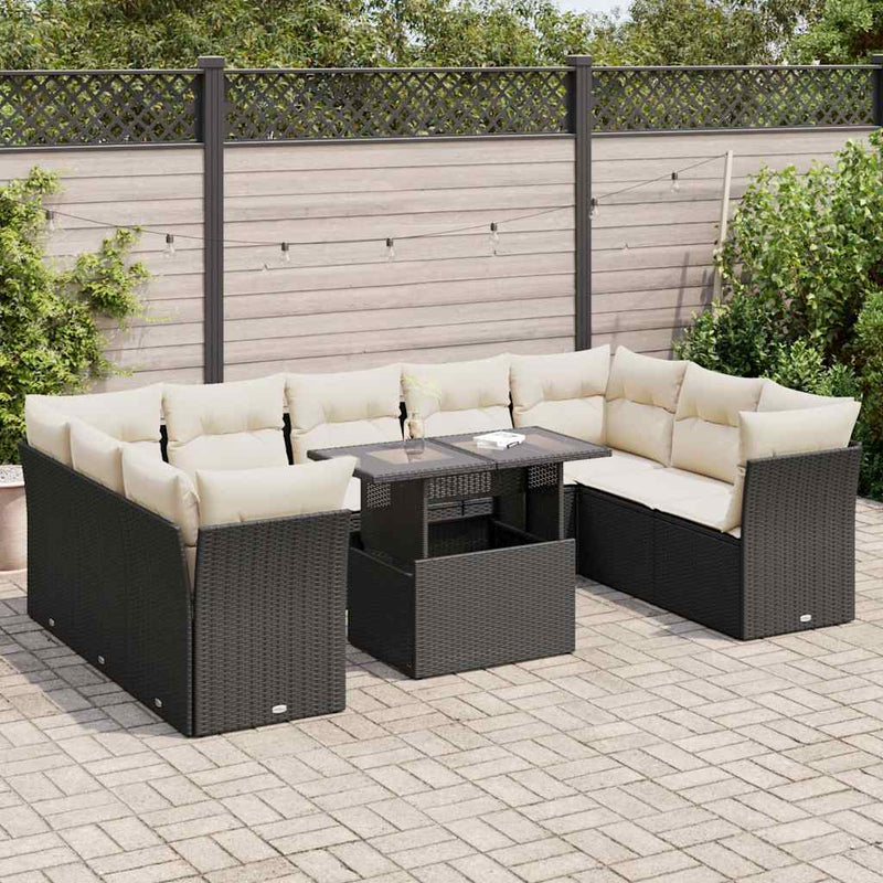 vidaXL 10 Piece Garden Sofa Set with Cushions Black Poly Rattan