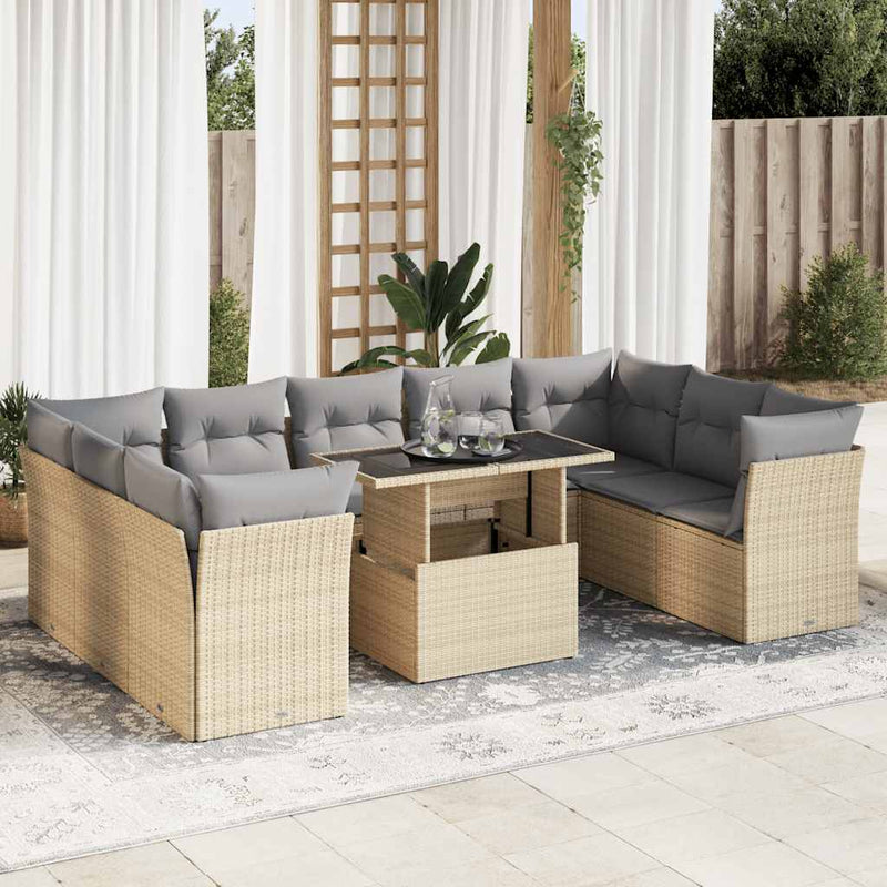 vidaXL 10 Piece Garden Sofa Set with Cushions Beige Poly Rattan