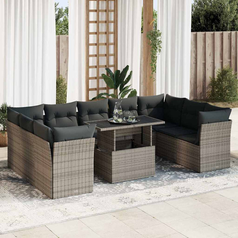 vidaXL 10 Piece Garden Sofa Set with Cushions Grey Poly Rattan