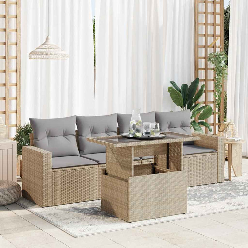 vidaXL 5 Piece Garden Sofa Set with Cushions Beige Poly Rattan
