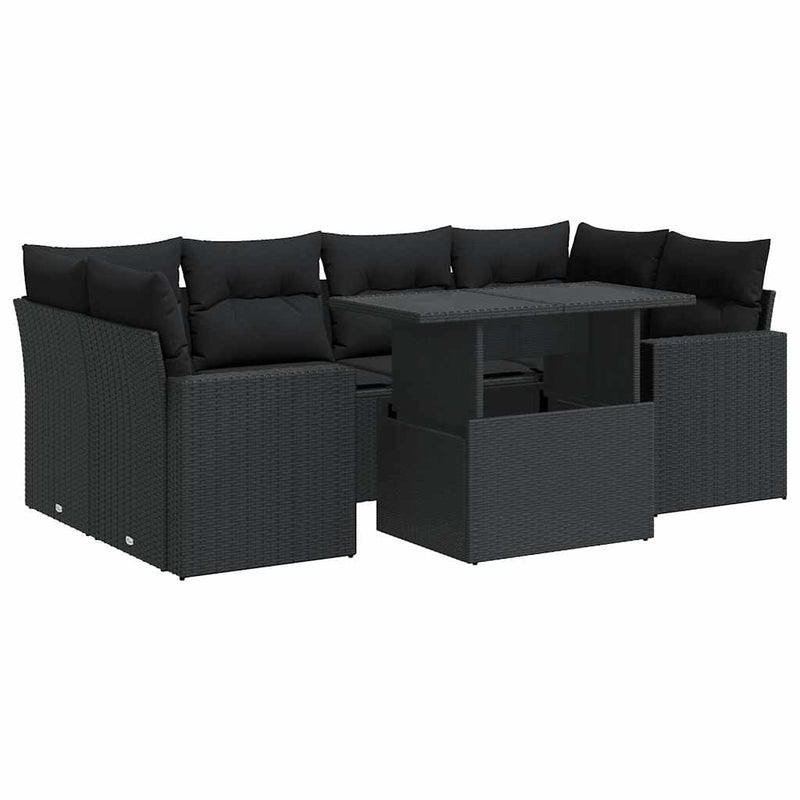 vidaXL 7 Piece Garden Sofa Set with Cushions Black Poly Rattan