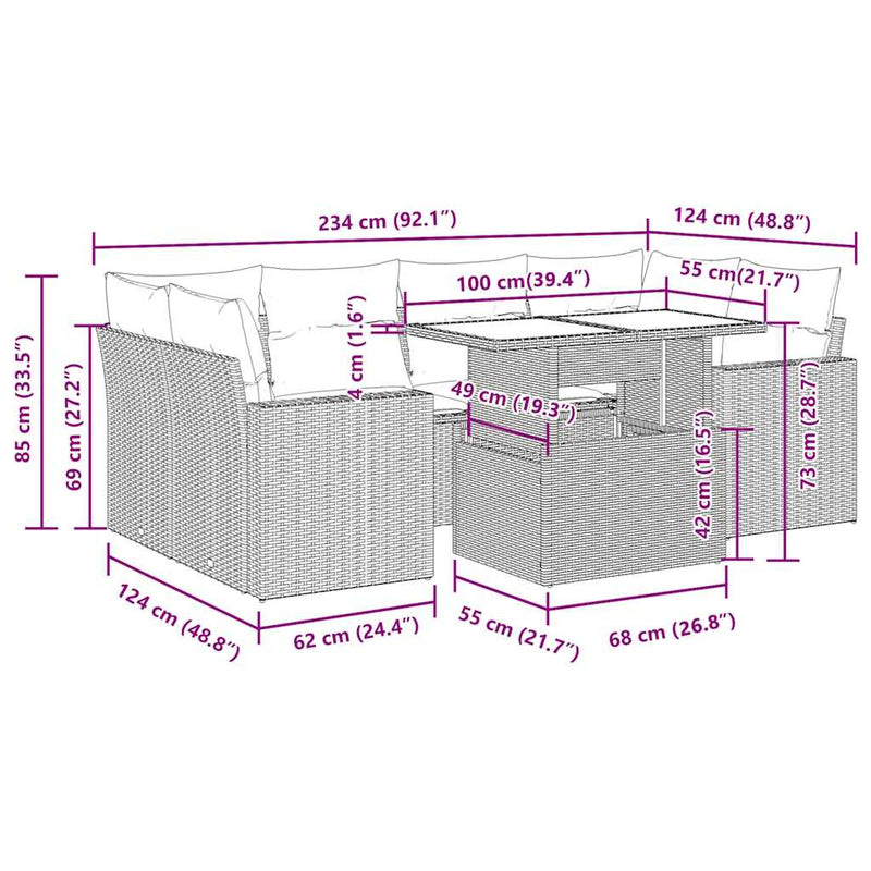 vidaXL 7 Piece Garden Sofa Set with Cushions Grey Poly Rattan