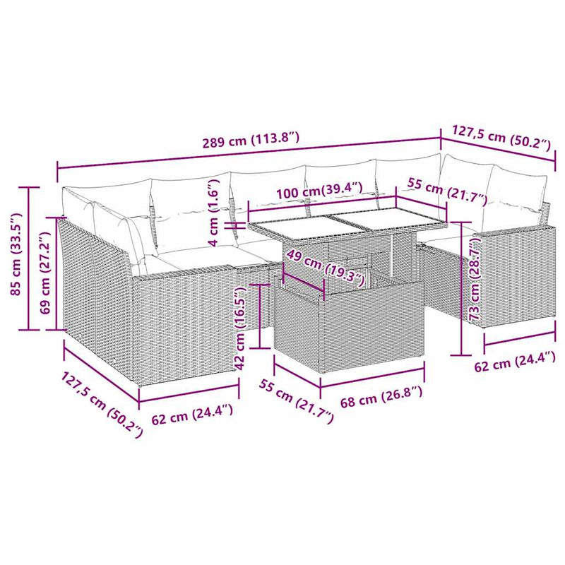vidaXL 8 Piece Garden Sofa Set with Cushions Black Poly Rattan