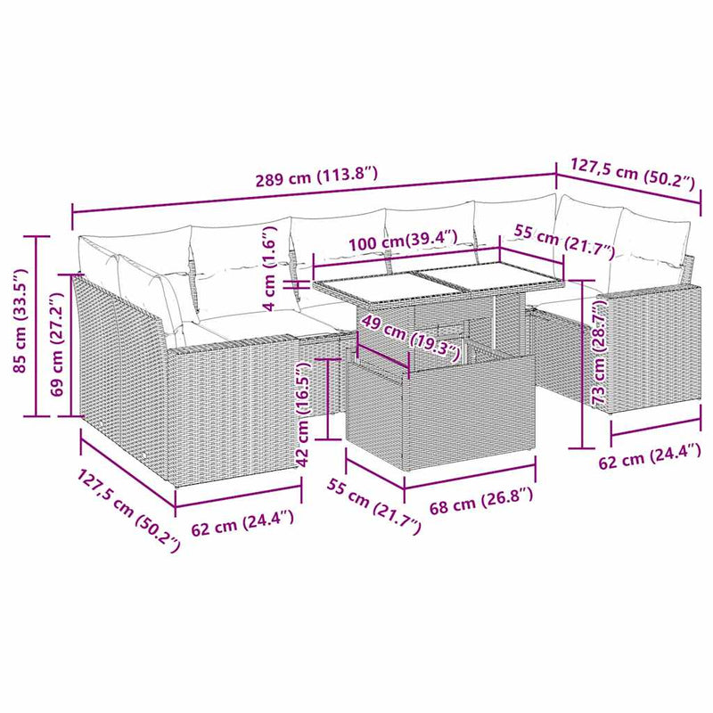 vidaXL 8 Piece Garden Sofa Set with Cushions Beige Poly Rattan