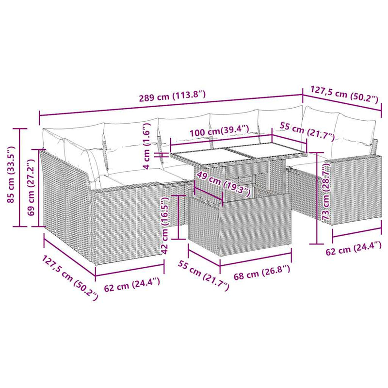 vidaXL 8 Piece Garden Sofa Set with Cushions Grey Poly Rattan