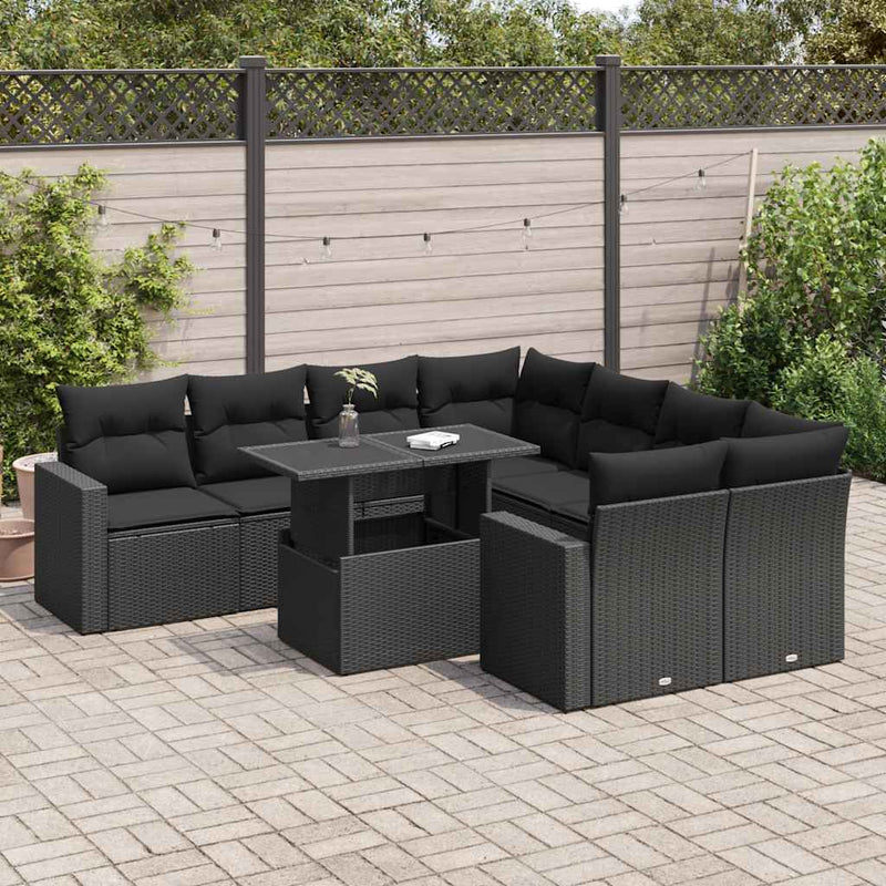 9 Piece Garden Sofa Set with Cushions Black Poly Rattan