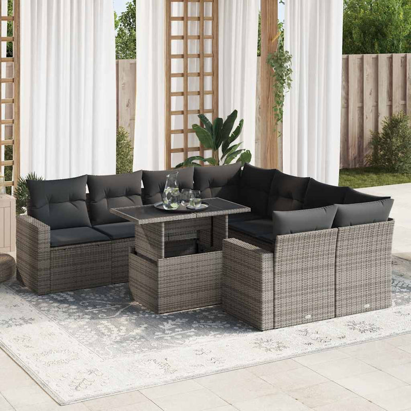 vidaXL 9 Piece Garden Sofa Set with Cushions Grey Poly Rattan