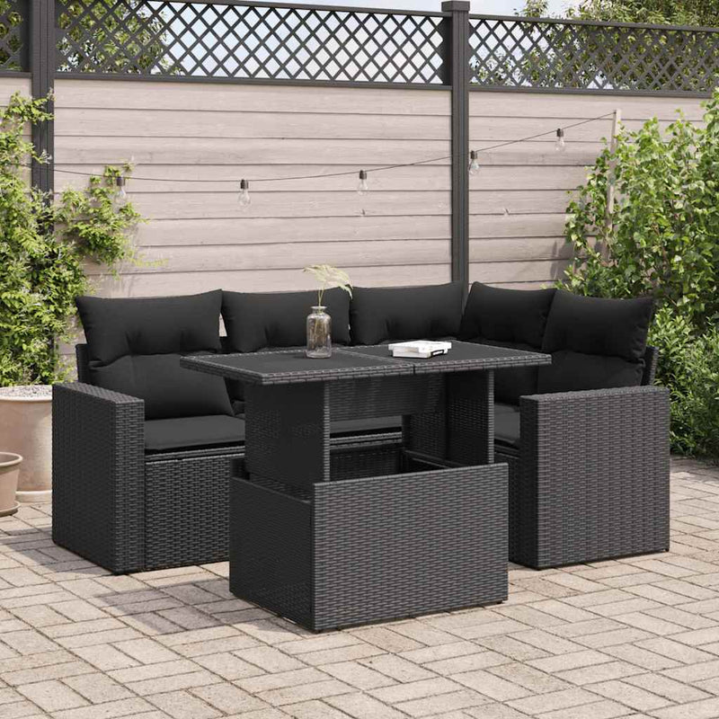 vidaXL 5 Piece Garden Sofa Set with Cushions Black Poly Rattan