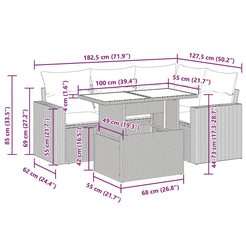 vidaXL 5 Piece Garden Sofa Set with Cushions Beige Poly Rattan