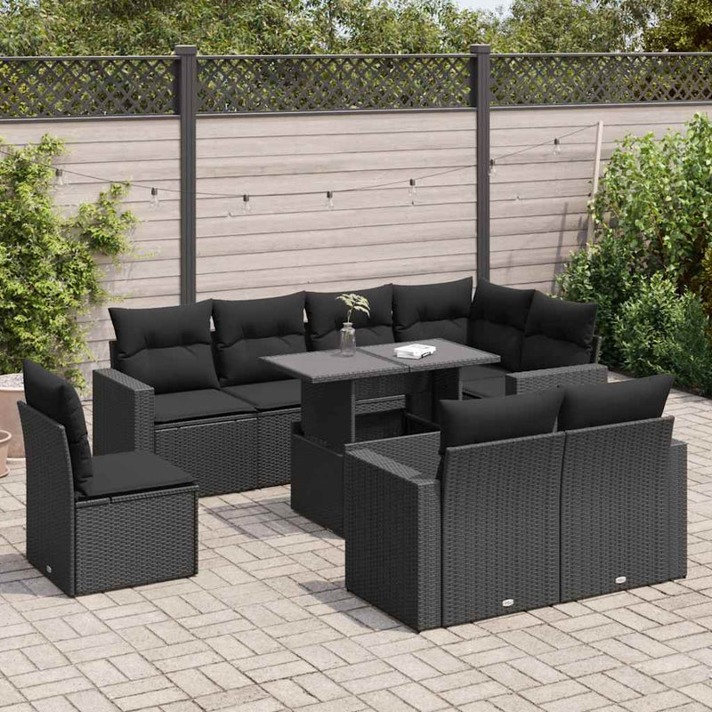 vidaXL 9 Piece Garden Sofa Set with Cushions Black Poly Rattan