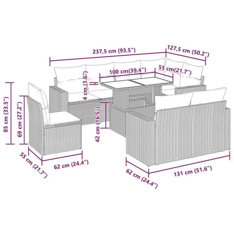 vidaXL 9 Piece Garden Sofa Set with Cushions Grey Poly Rattan