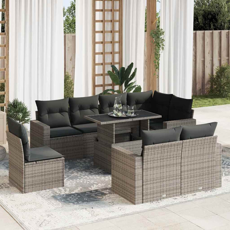 vidaXL 9 Piece Garden Sofa Set with Cushions Grey Poly Rattan