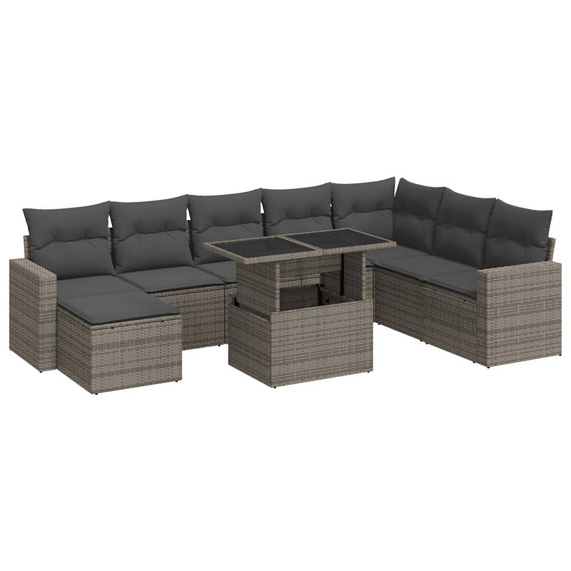 9 Piece Garden Sofa Set with Cushions Grey Poly Rattan