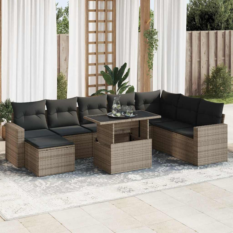 9 Piece Garden Sofa Set with Cushions Grey Poly Rattan