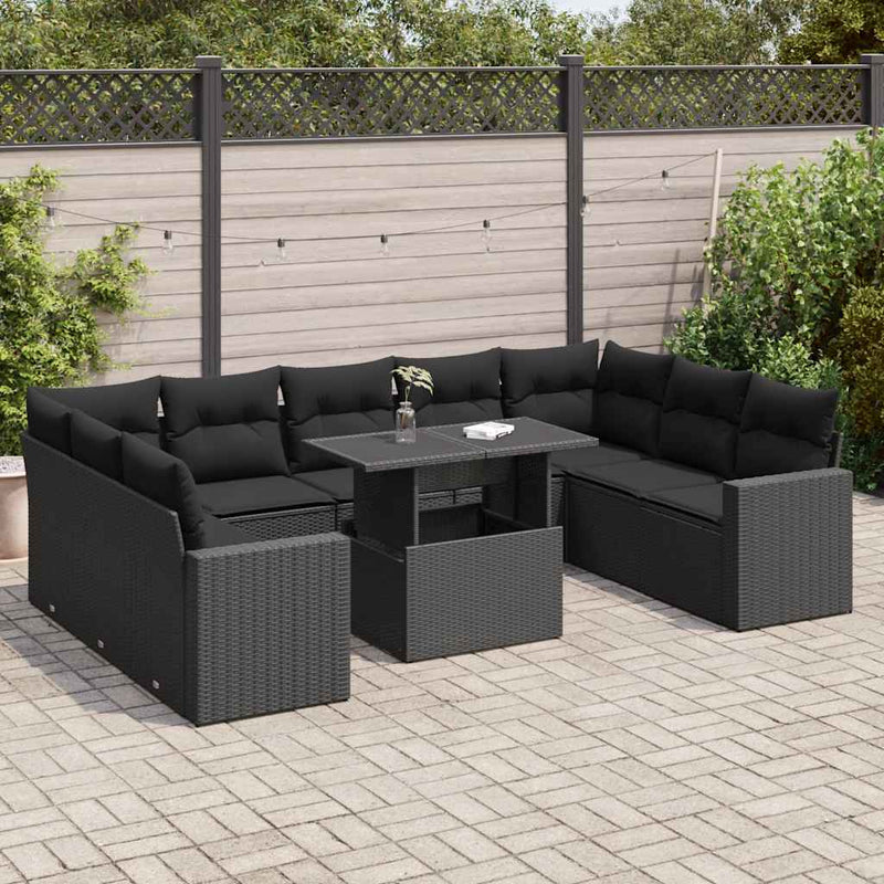 vidaXL 10 Piece Garden Sofa Set with Cushions Black Poly Rattan