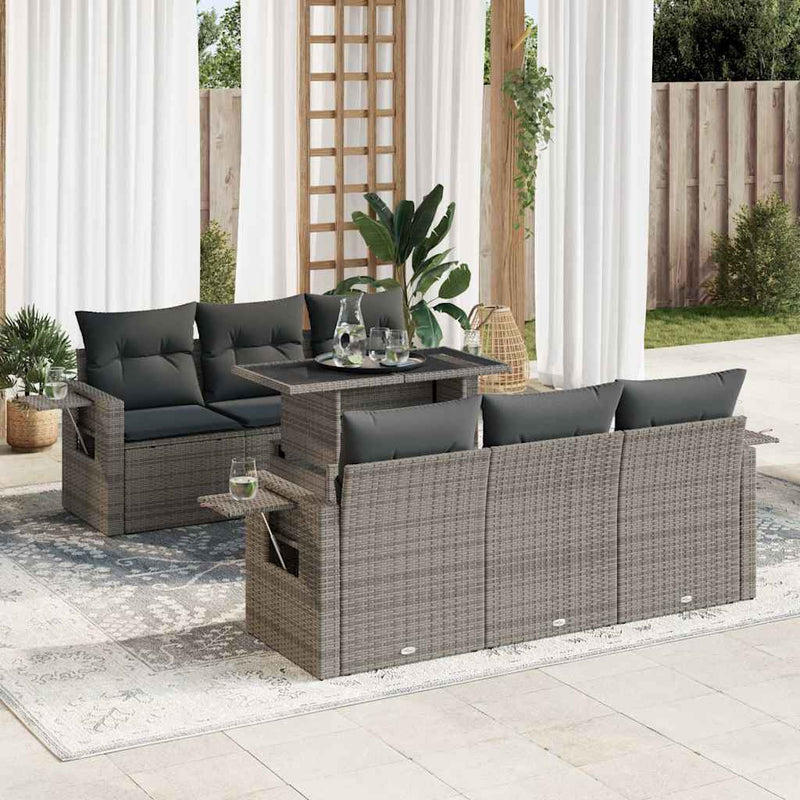 7 Piece Garden Sofa Set with Cushions Grey Poly Rattan