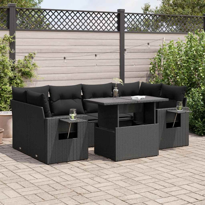 vidaXL 7 Piece Garden Sofa Set with Cushions Black Poly Rattan