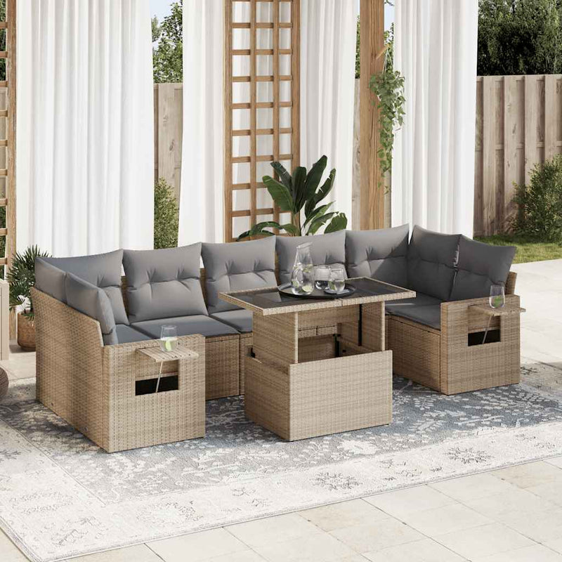 8 Piece Garden Sofa Set with Cushions Beige Poly Rattan