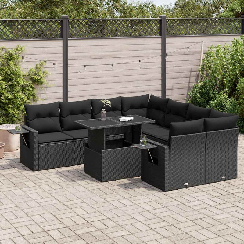 vidaXL 9 Piece Garden Sofa Set with Cushions Black Poly Rattan