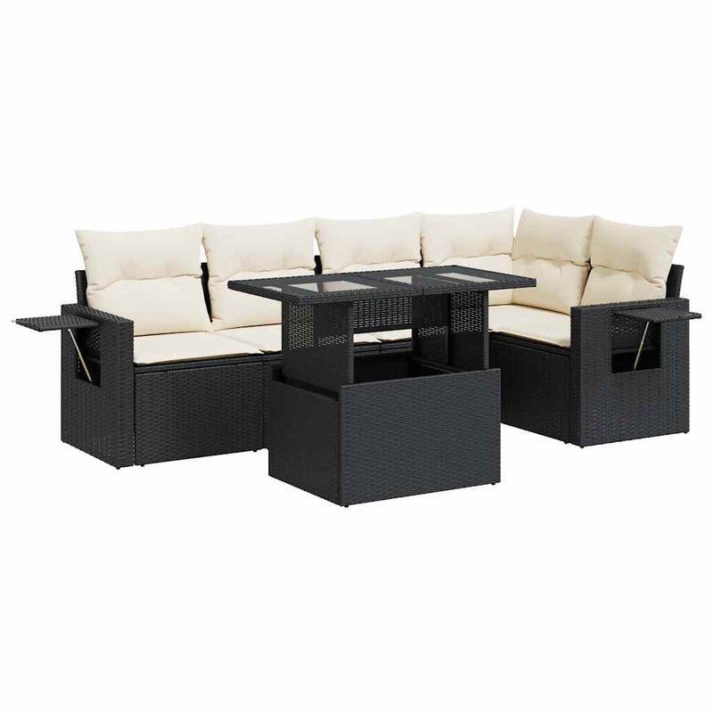 6 Piece Garden Sofa Set with Cushions Black Poly Rattan