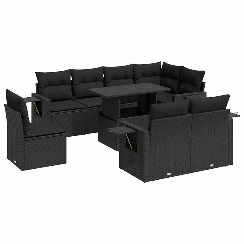 vidaXL 9 Piece Garden Sofa Set with Cushions Black Poly Rattan