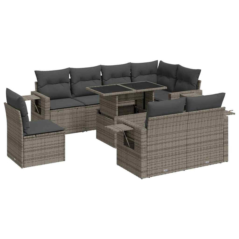 9 Piece Garden Sofa Set with Cushions Grey Poly Rattan