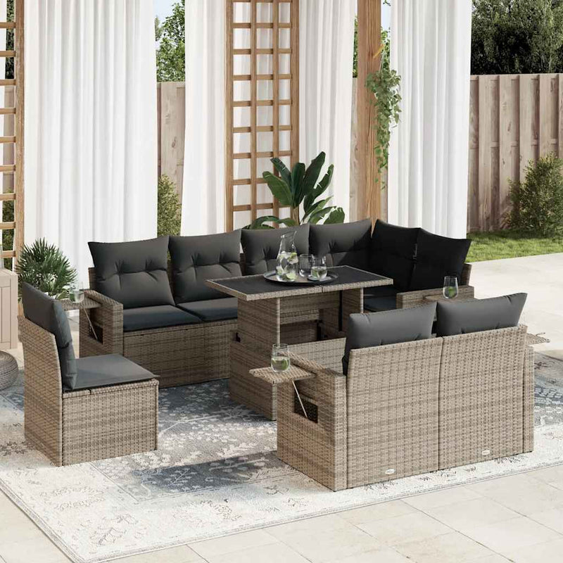 9 Piece Garden Sofa Set with Cushions Grey Poly Rattan