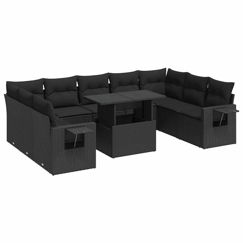 vidaXL 10 Piece Garden Sofa Set with Cushions Black Poly Rattan