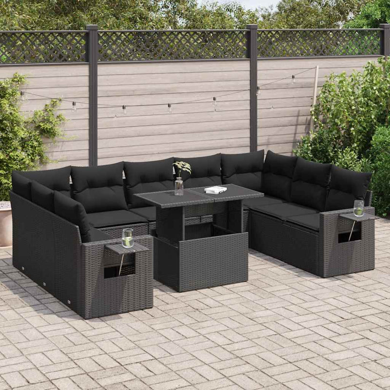 vidaXL 10 Piece Garden Sofa Set with Cushions Black Poly Rattan