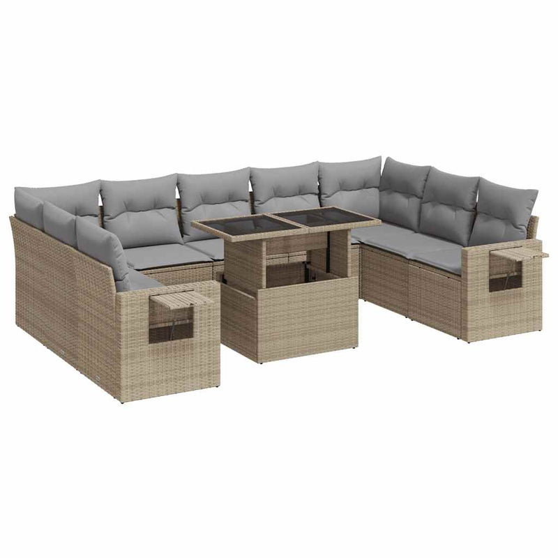 10 Piece Garden Sofa Set with Cushions Beige Poly Rattan