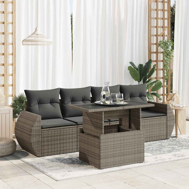 vidaXL 5 Piece Garden Sofa Set with Cushions Grey Poly Rattan