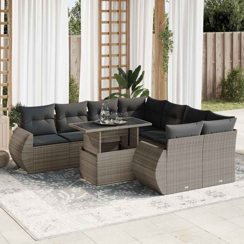 vidaXL 9 Piece Garden Sofa Set with Cushions Grey Poly Rattan