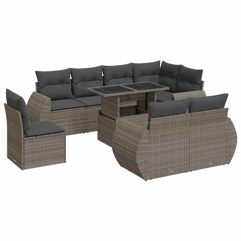 9 Piece Garden Sofa Set with Cushions Grey Poly Rattan