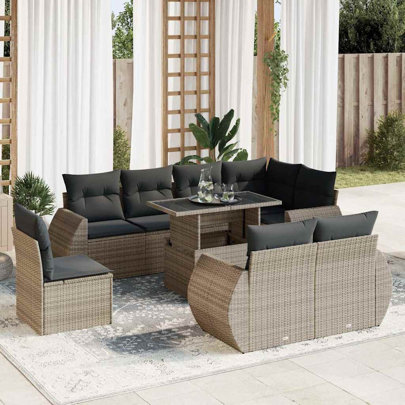 9 Piece Garden Sofa Set with Cushions Grey Poly Rattan