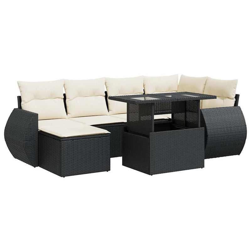 7 Piece Garden Sofa Set with Cushions Black Poly Rattan