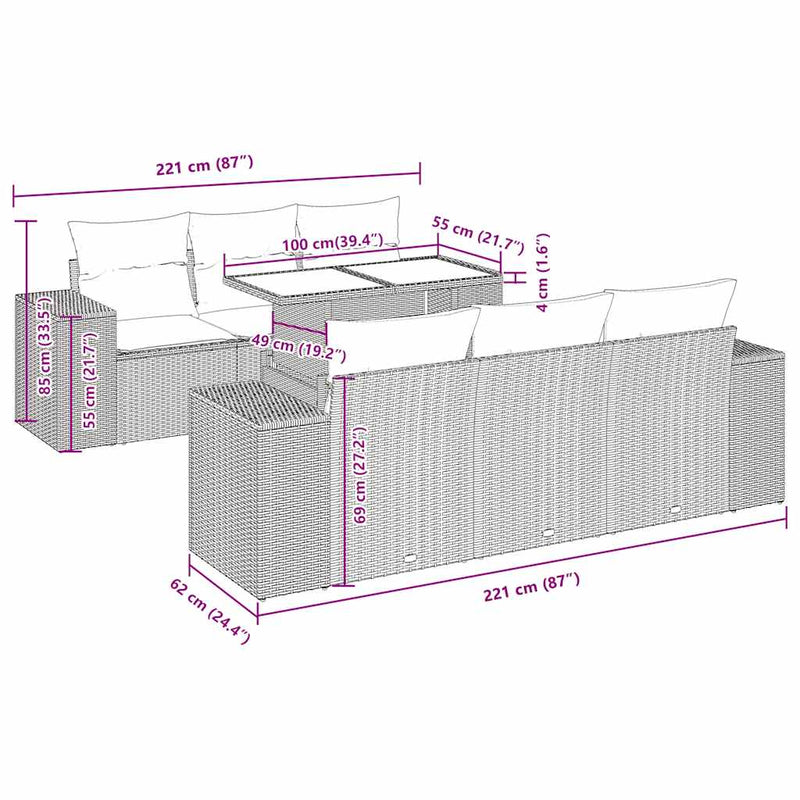 vidaXL 7 Piece Garden Sofa Set with Cushions Grey Poly Rattan