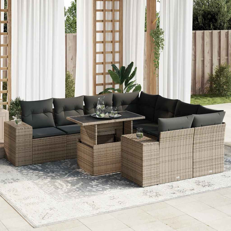 9 Piece Garden Sofa Set with Cushions Grey Poly Rattan