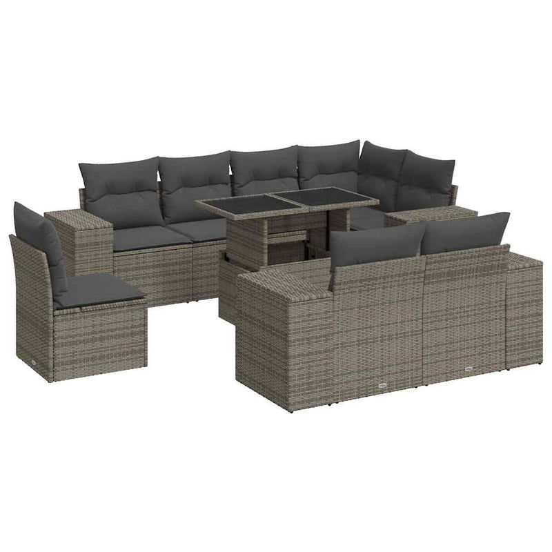 9 Piece Garden Sofa Set with Cushions Grey Poly Rattan