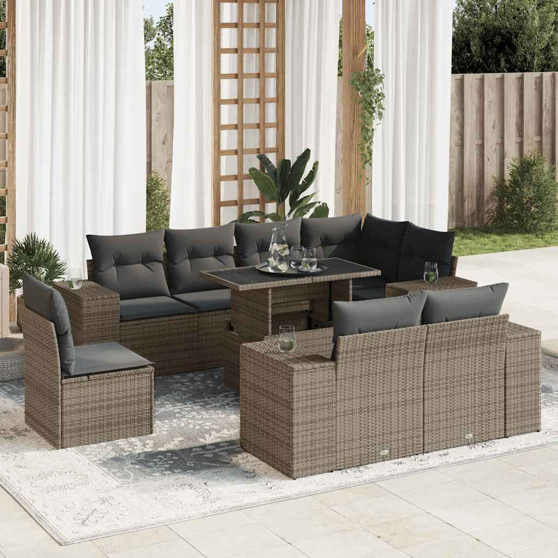 9 Piece Garden Sofa Set with Cushions Grey Poly Rattan