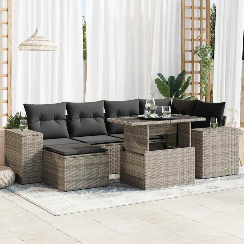 vidaXL 7 Piece Garden Sofa Set with Cushions Grey Poly Rattan